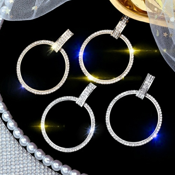 .925 Silver Rhinestone Stud Hoop Earrings - Picture 3 of 6